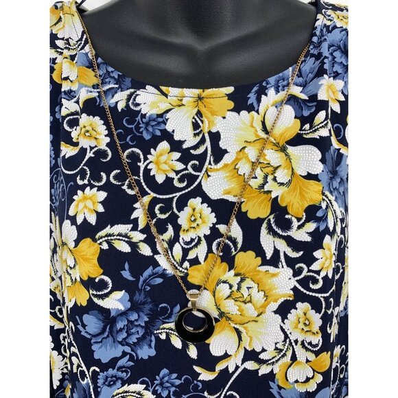 Glamour Women Floral Dress Size 14 Long Sleeve Blue Shift Necklace New - Picture 3 of 10